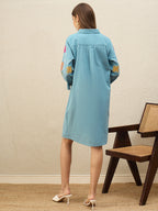 Blue Floral Embroidered Shirt Dress