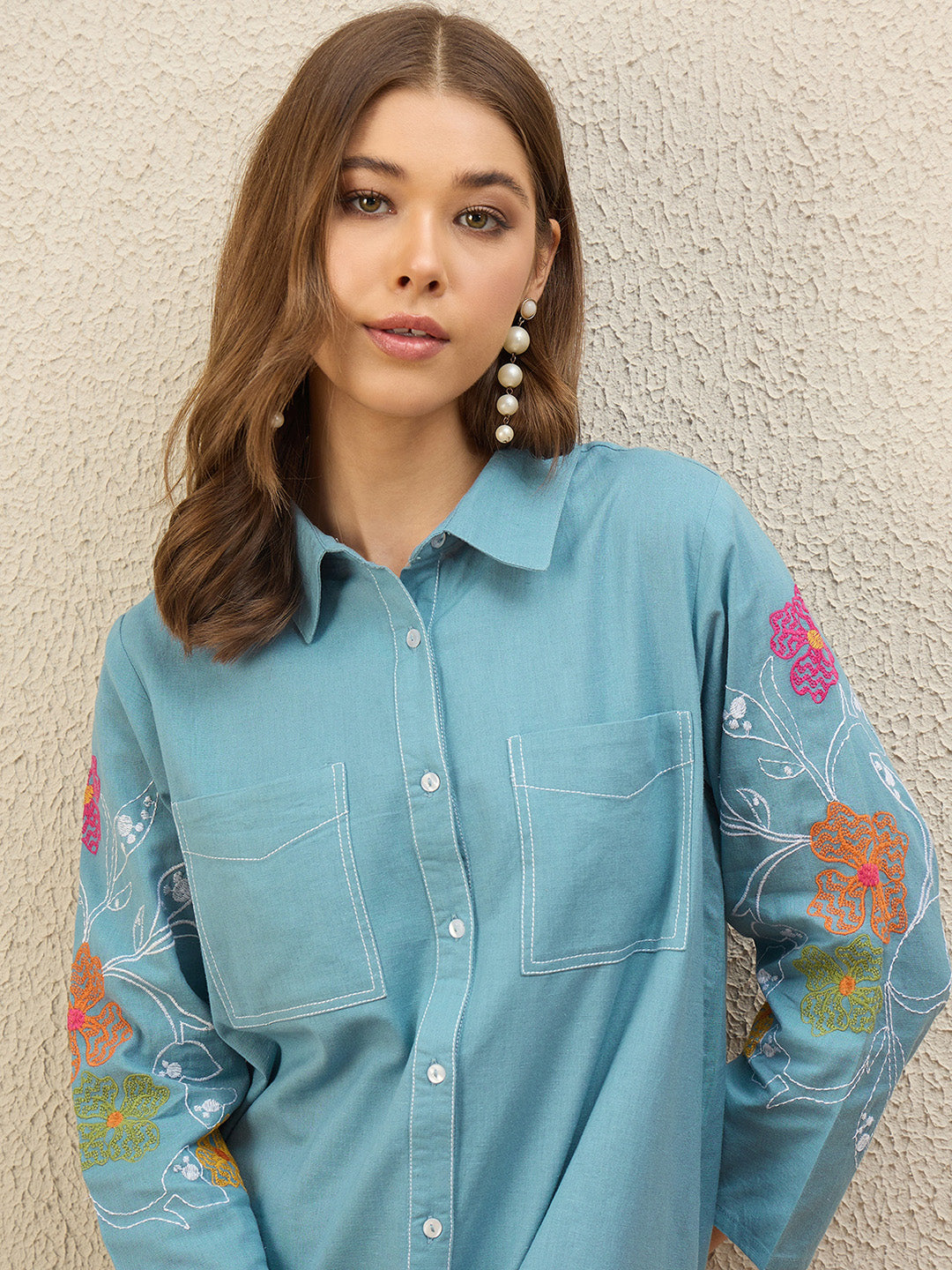 Blue Floral Embroidered Shirt Dress