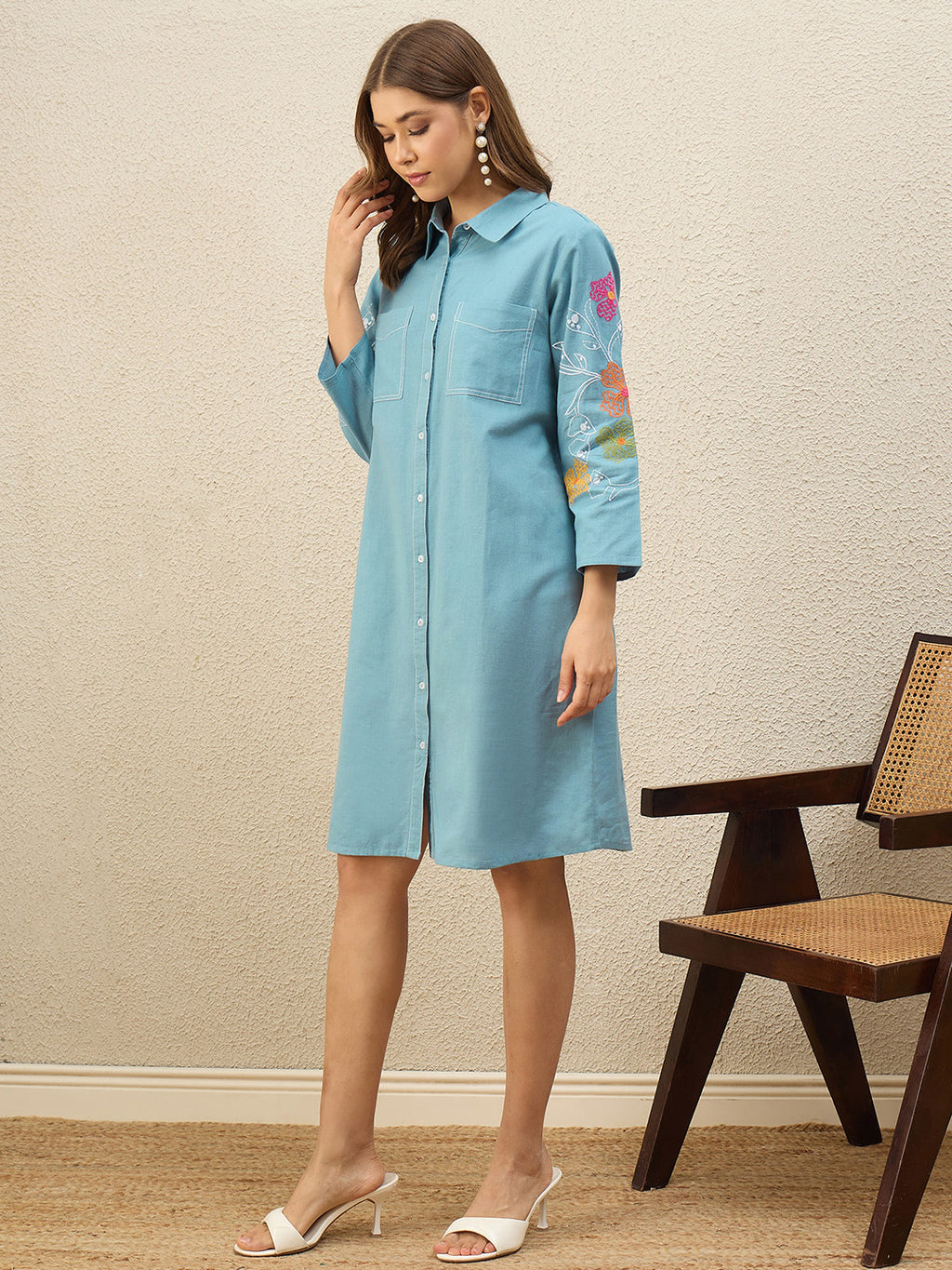 Blue Floral Embroidered Shirt Dress