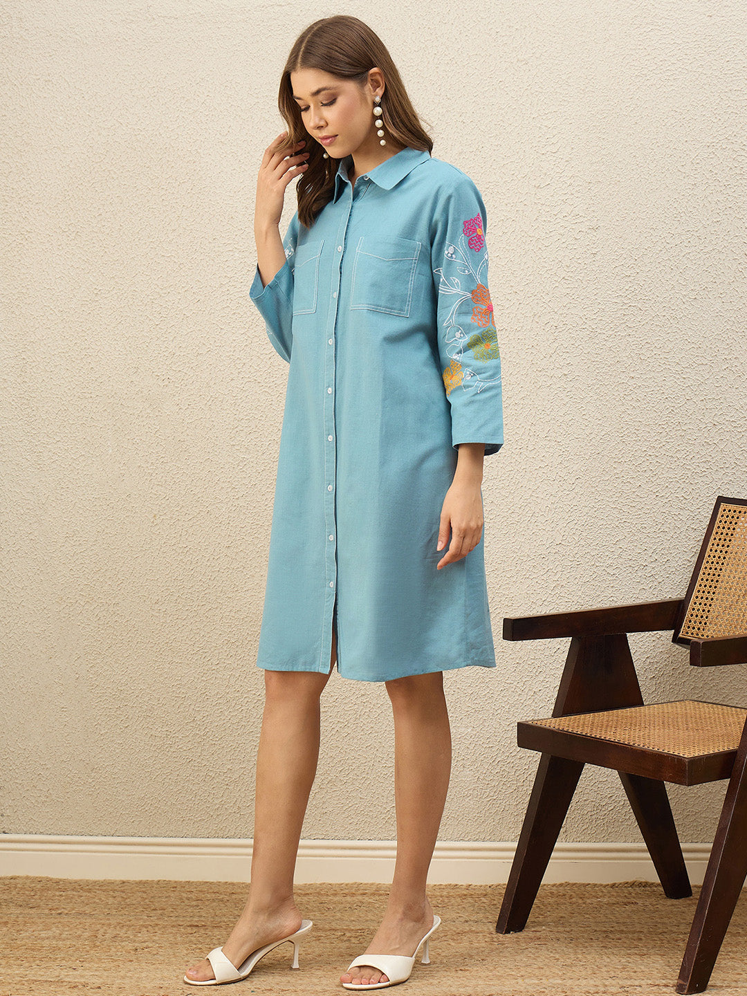 Blue Floral Embroidered Shirt Dress