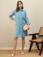 Blue Floral Embroidered Shirt Dress
