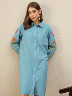 Blue Floral Embroidered Shirt Dress