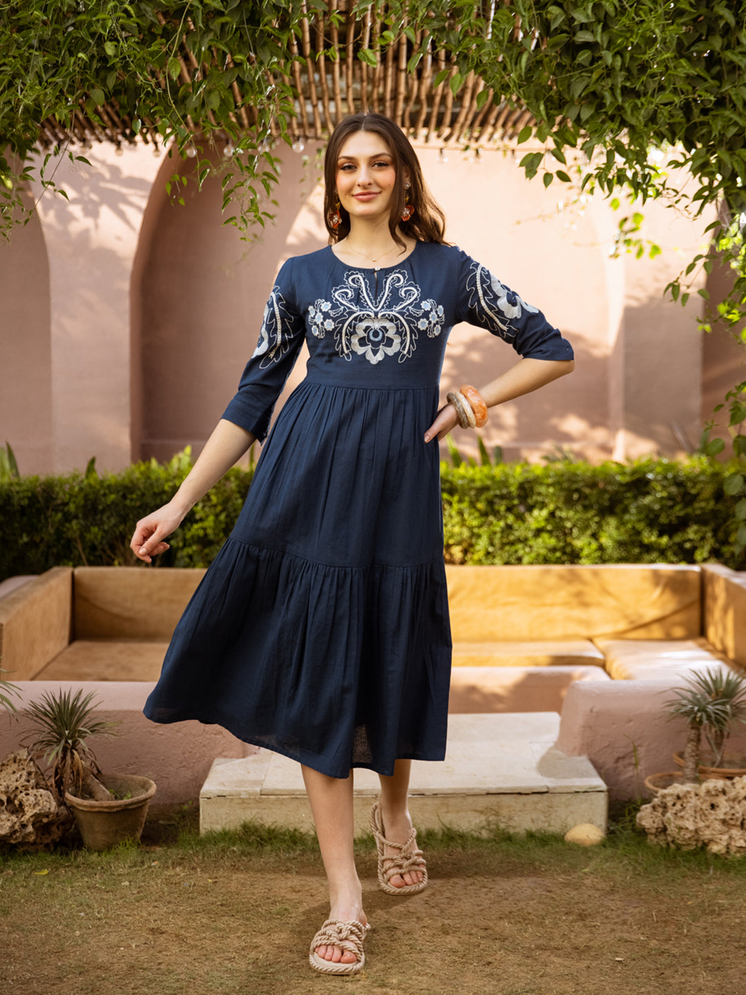Zummer Embroidered Fit & Flare Midi Dress – Navy Blue & White