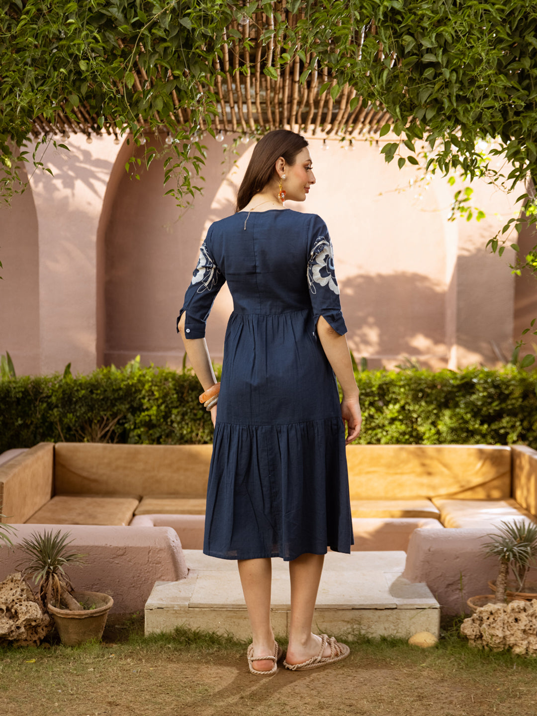 Zummer Embroidered Fit & Flare Midi Dress – Navy Blue & White