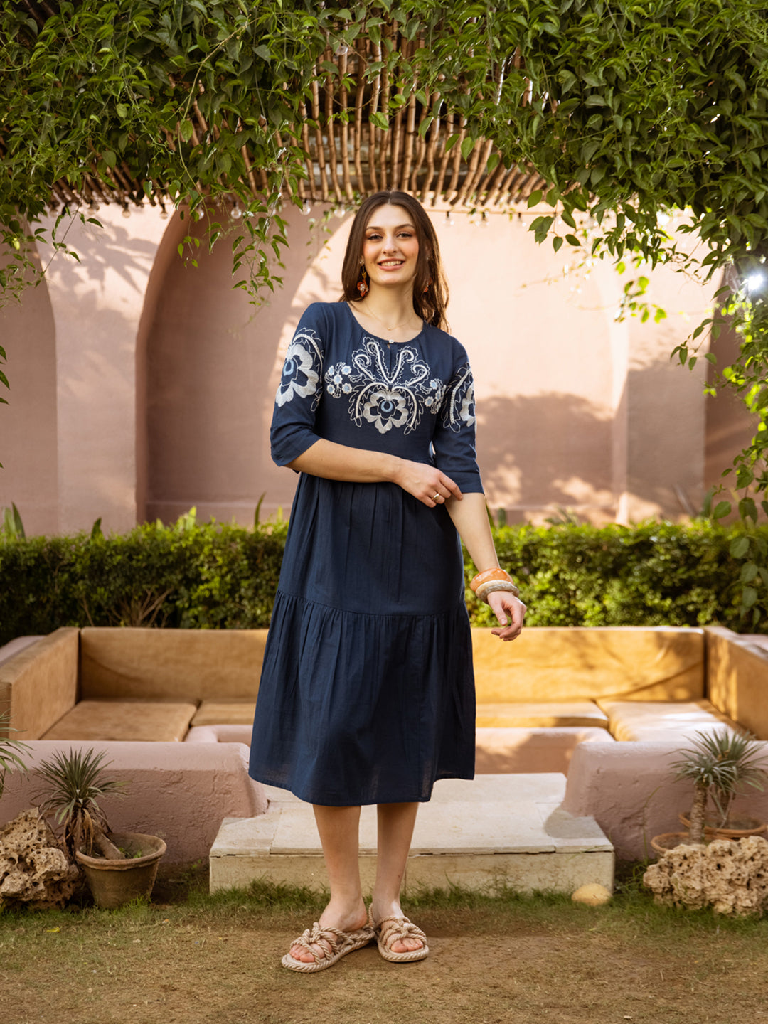 Zummer Embroidered Fit & Flare Midi Dress – Navy Blue & White