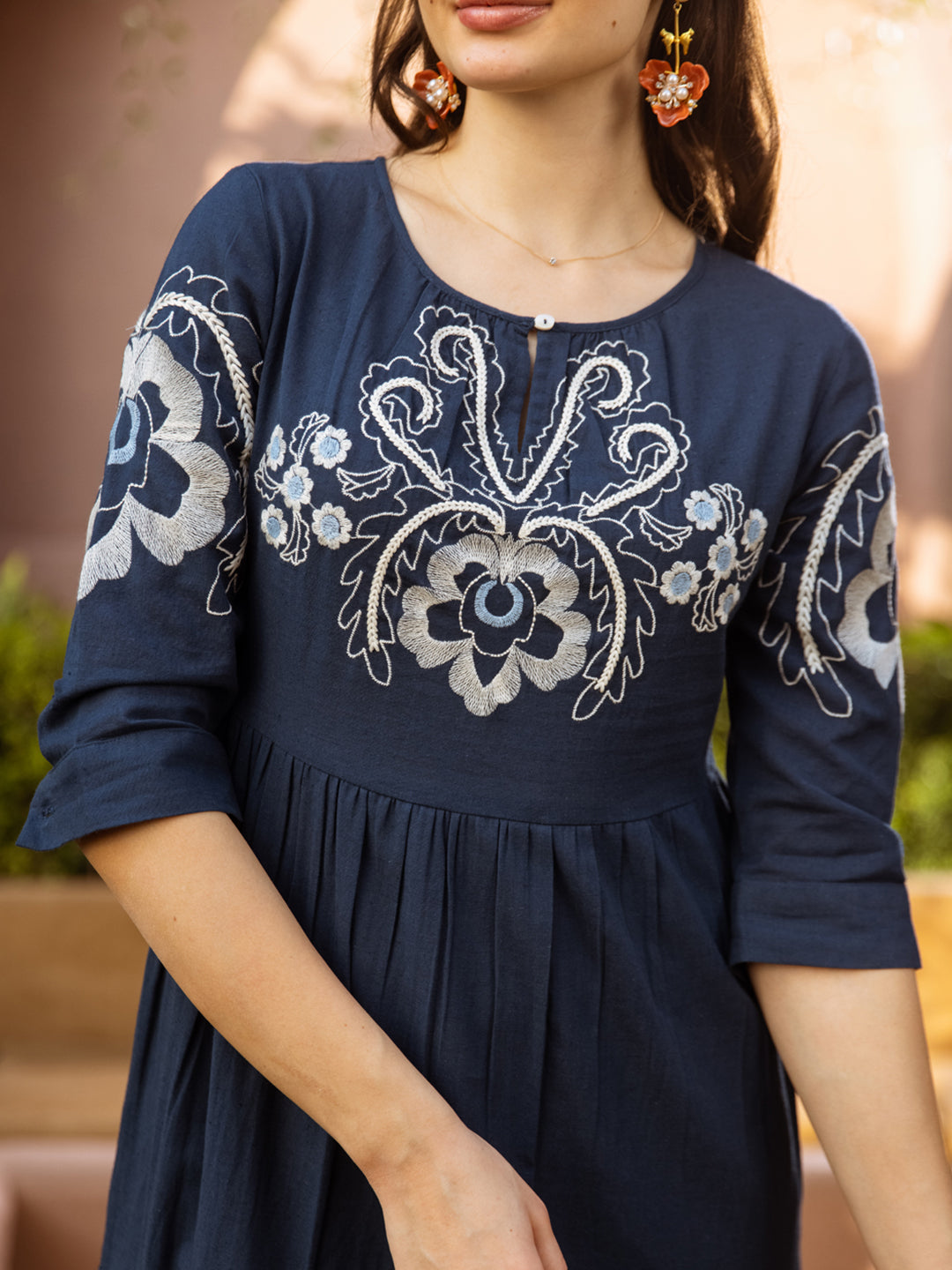 Zummer Embroidered Fit & Flare Midi Dress – Navy Blue & White