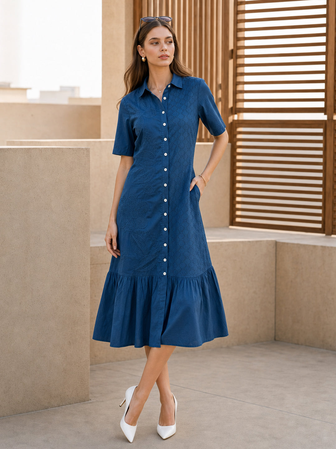 Zummer Women Teal Embroidered Schiffli Cotton Midi Dress