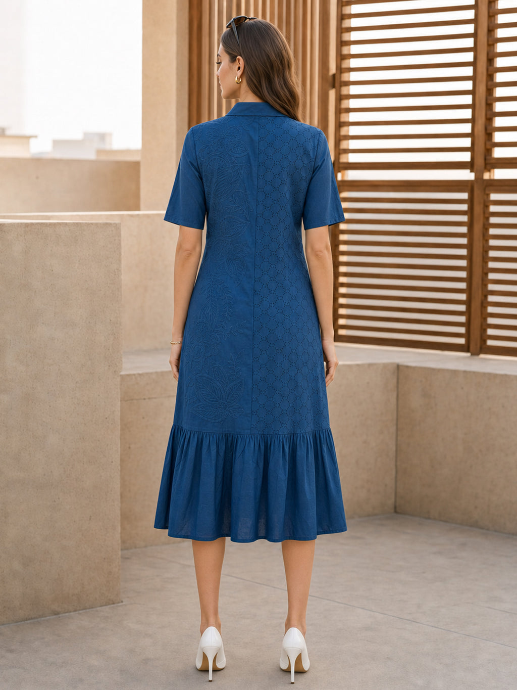 Zummer Women Teal Embroidered Schiffli Cotton Midi Dress