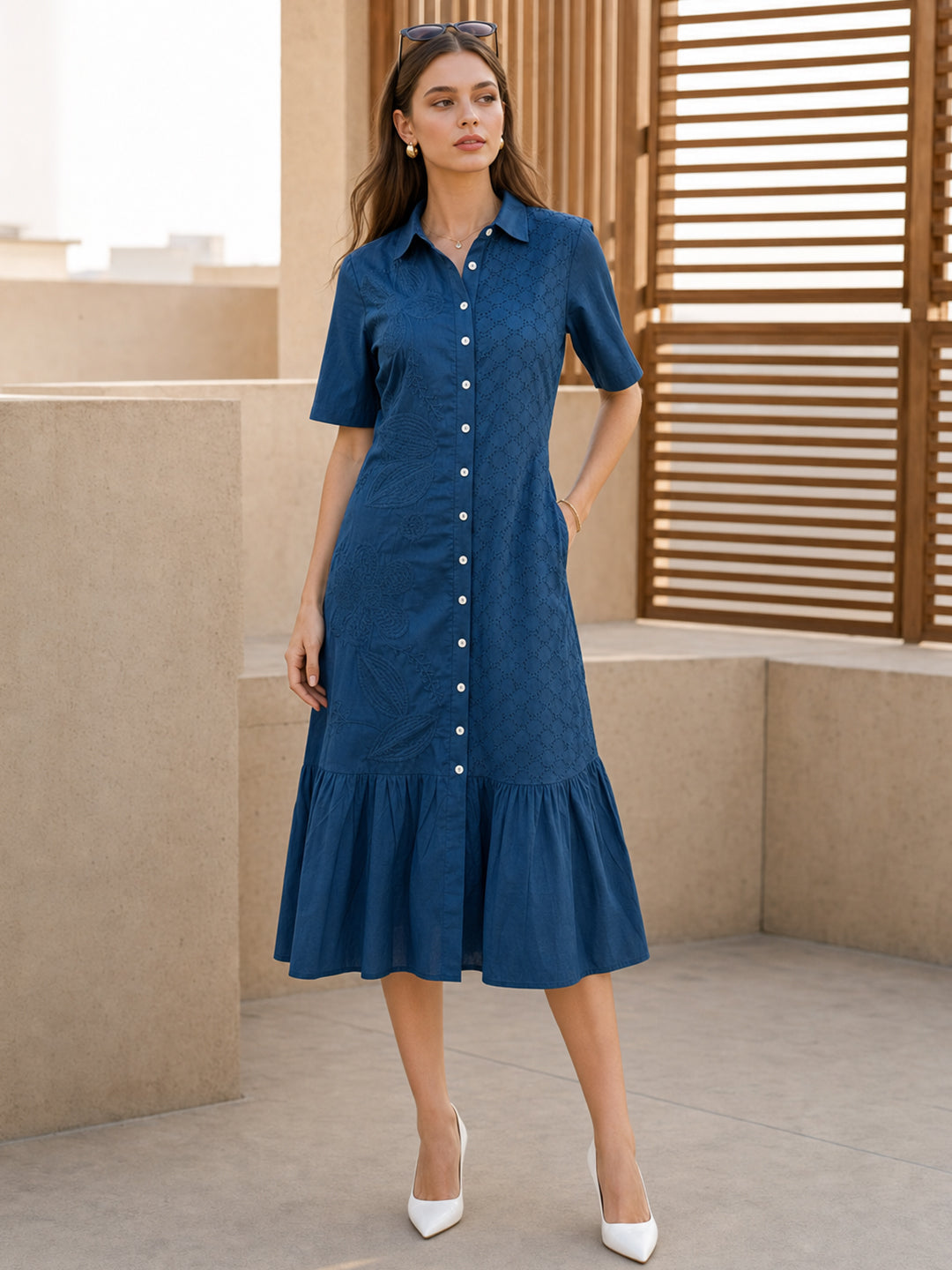 Zummer Women Teal Embroidered Schiffli Cotton Midi Dress