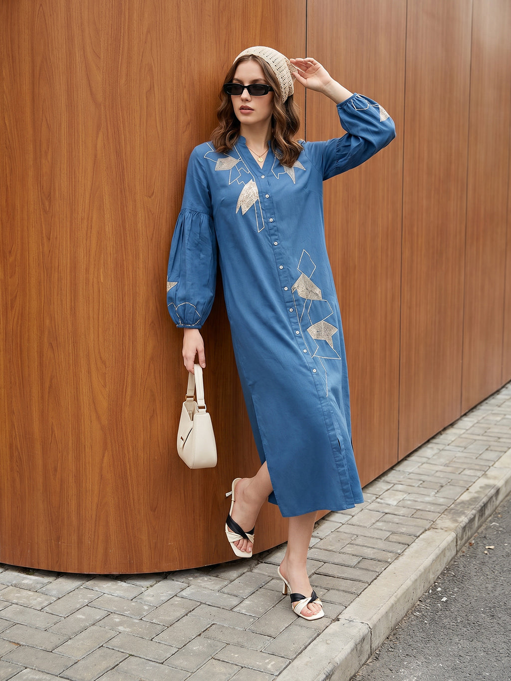 Zummer Embroidered Midi Shirt Dress – Blue Geometric