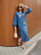 Zummer Embroidered Midi Shirt Dress – Blue Geometric
