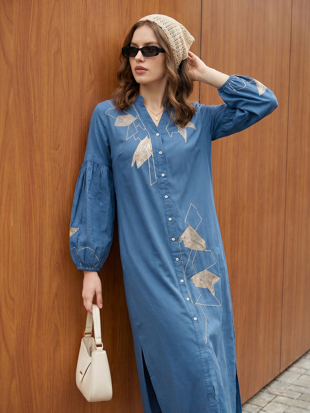 Zummer Embroidered Midi Shirt Dress – Blue Geometric