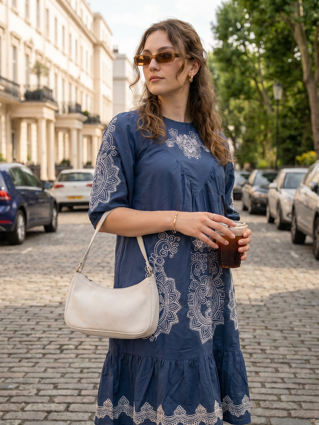 Zummer Women Blue Embroidered Cotton