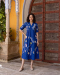 Zummer Blue Tropical Embroidered Empire Midi Dress – V-Neck Puff Sleeve Dress with Pockets