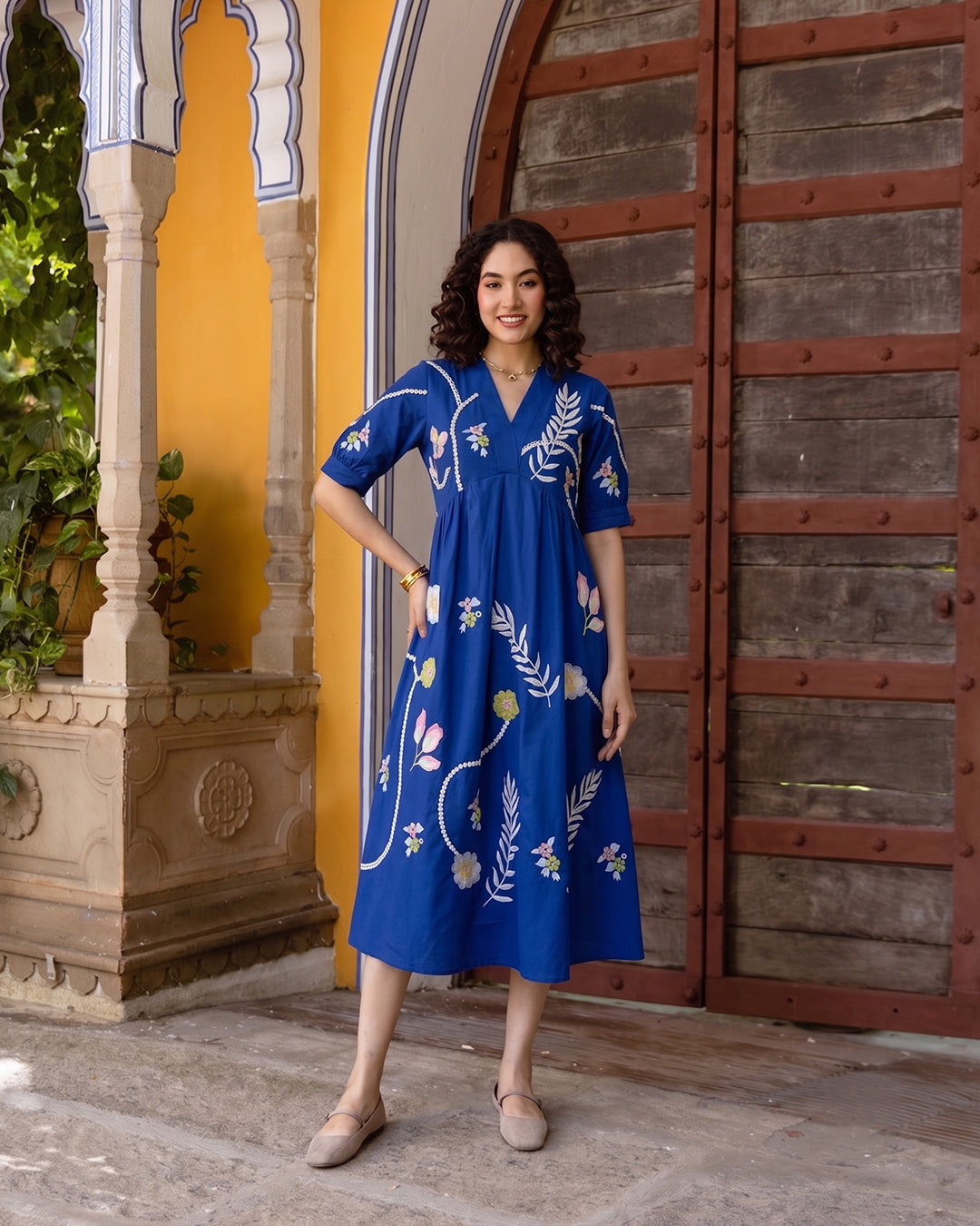 Zummer Blue Tropical Embroidered Empire Midi Dress – V-Neck Puff Sleeve Dress with Pockets