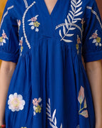 Zummer Blue Tropical Embroidered Empire Midi Dress – V-Neck Puff Sleeve Dress with Pockets