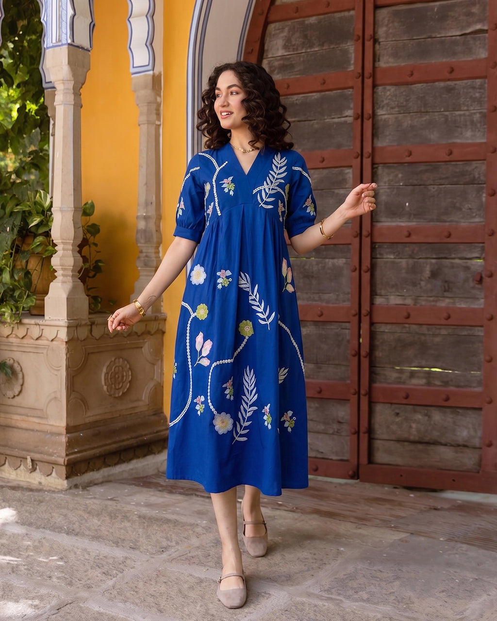 Zummer Blue Tropical Embroidered Empire Midi Dress – V-Neck Puff Sleeve Dress with Pockets