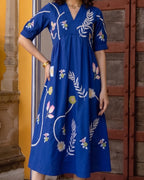 Zummer Blue Tropical Embroidered Empire Midi Dress – V-Neck Puff Sleeve Dress with Pockets