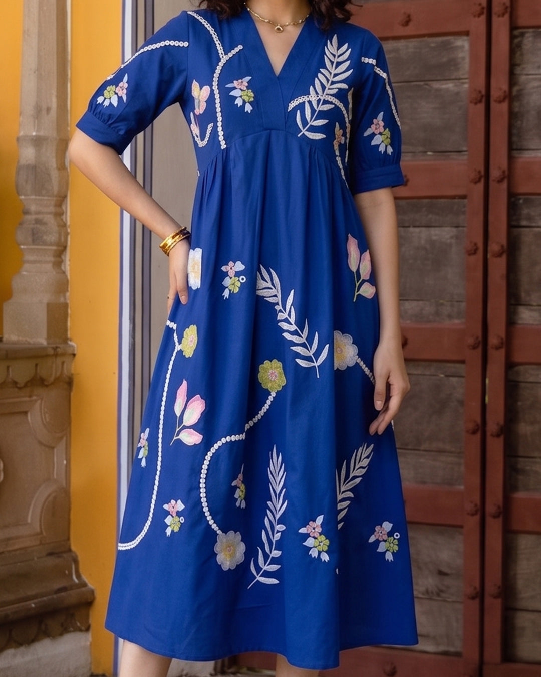 Zummer Blue Tropical Embroidered Empire Midi Dress – V-Neck Puff Sleeve Dress with Pockets