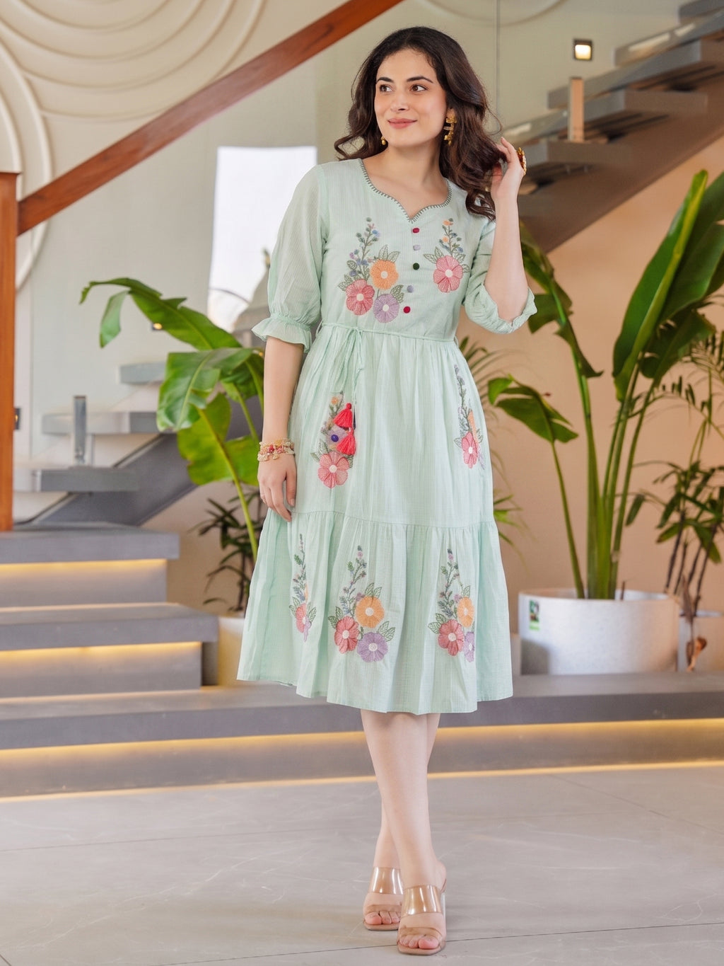 Zummer Women’s Blue Floral Embroidered Fit & Flare Midi Dress with Puff Sleeves