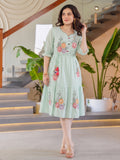 Zummer Women’s Blue Floral Embroidered Fit & Flare Midi Dress with Puff Sleeves