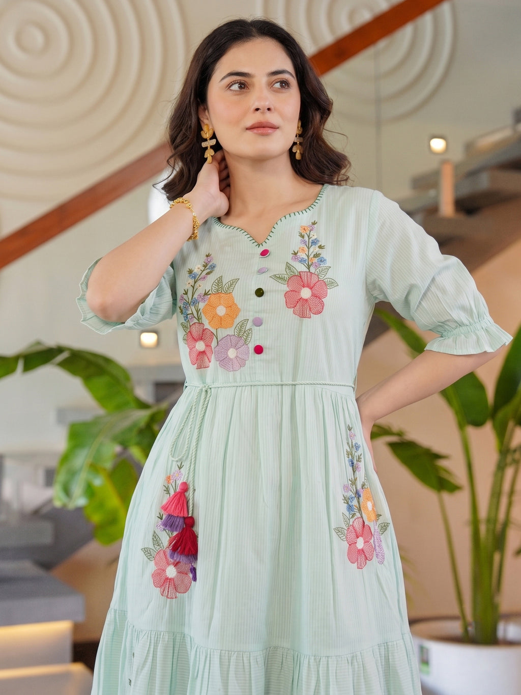 Zummer Women’s Blue Floral Embroidered Fit & Flare Midi Dress with Puff Sleeves