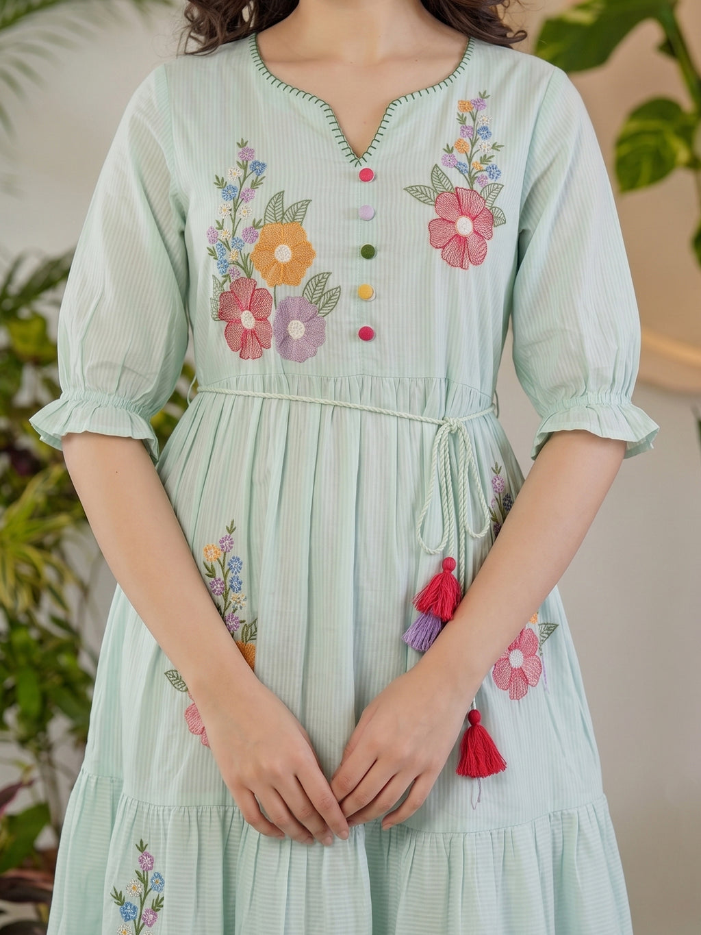 Zummer Women’s Blue Floral Embroidered Fit & Flare Midi Dress with Puff Sleeves