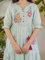 Zummer Women’s Blue Floral Embroidered Fit & Flare Midi Dress with Puff Sleeves