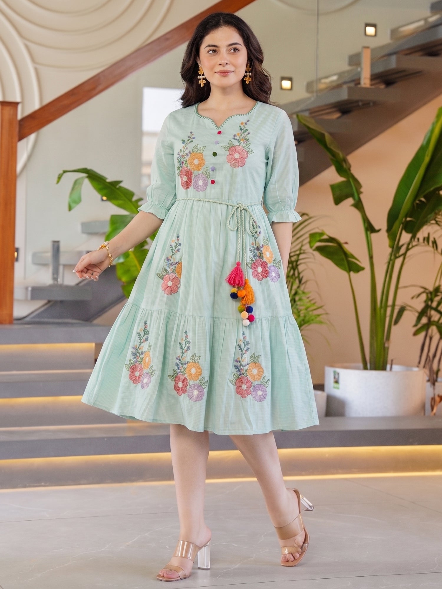 Zummer Women’s Blue Floral Embroidered Fit & Flare Midi Dress with Puff Sleeves