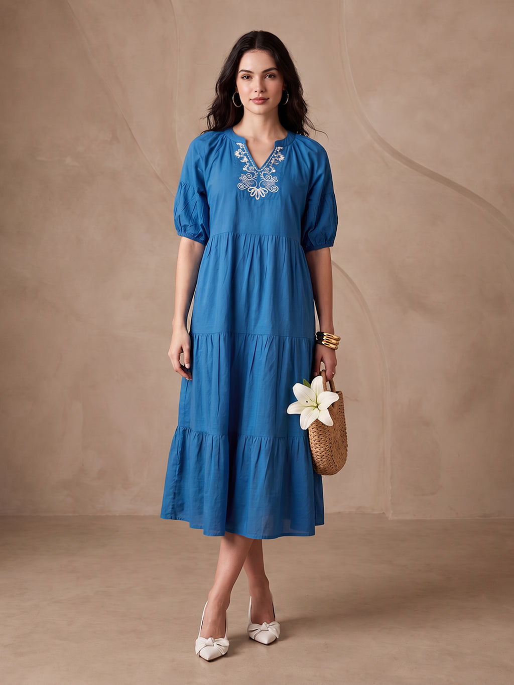 Zummer Women's Blue Embroidered Fit & Flare Midi Dress with Tiered Detailing