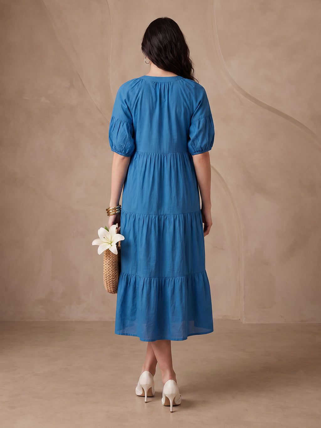 Zummer Women's Blue Embroidered Fit & Flare Midi Dress with Tiered Detailing