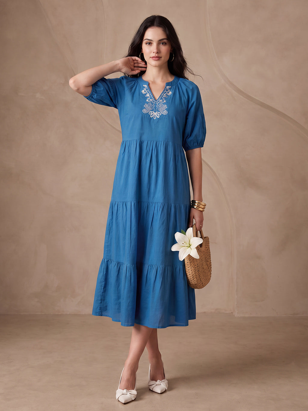 Zummer Women's Blue Embroidered Fit & Flare Midi Dress with Tiered Detailing