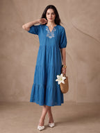 Zummer Women's Blue Embroidered Fit & Flare Midi Dress with Tiered Detailing