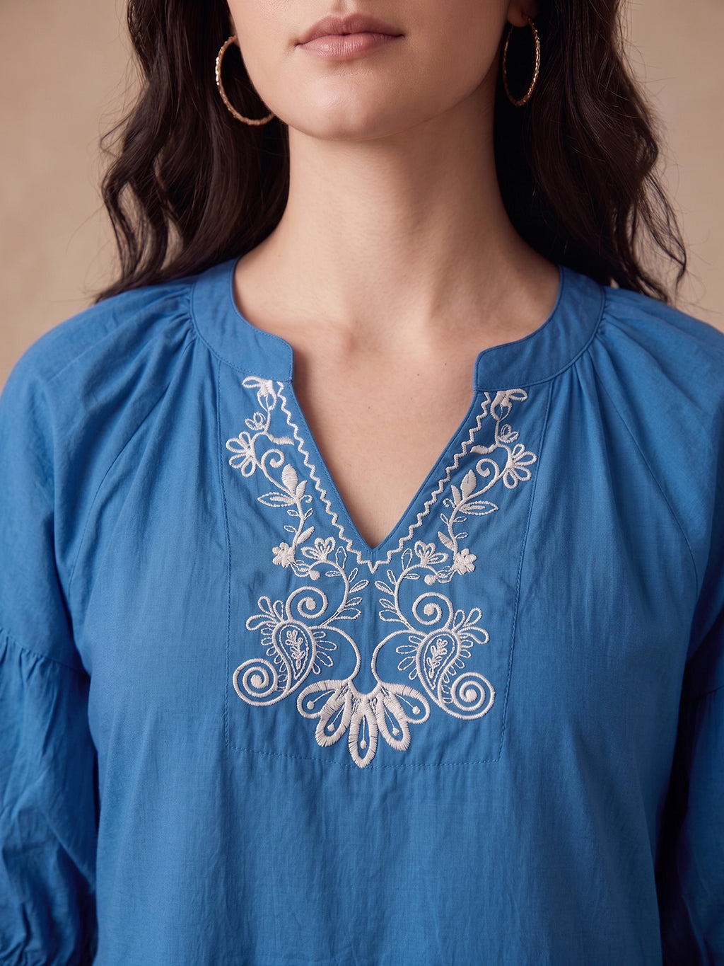 Zummer Women's Blue Embroidered Fit & Flare Midi Dress with Tiered Detailing