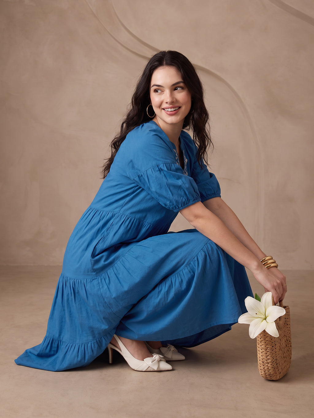 Zummer Women's Blue Embroidered Fit & Flare Midi Dress with Tiered Detailing