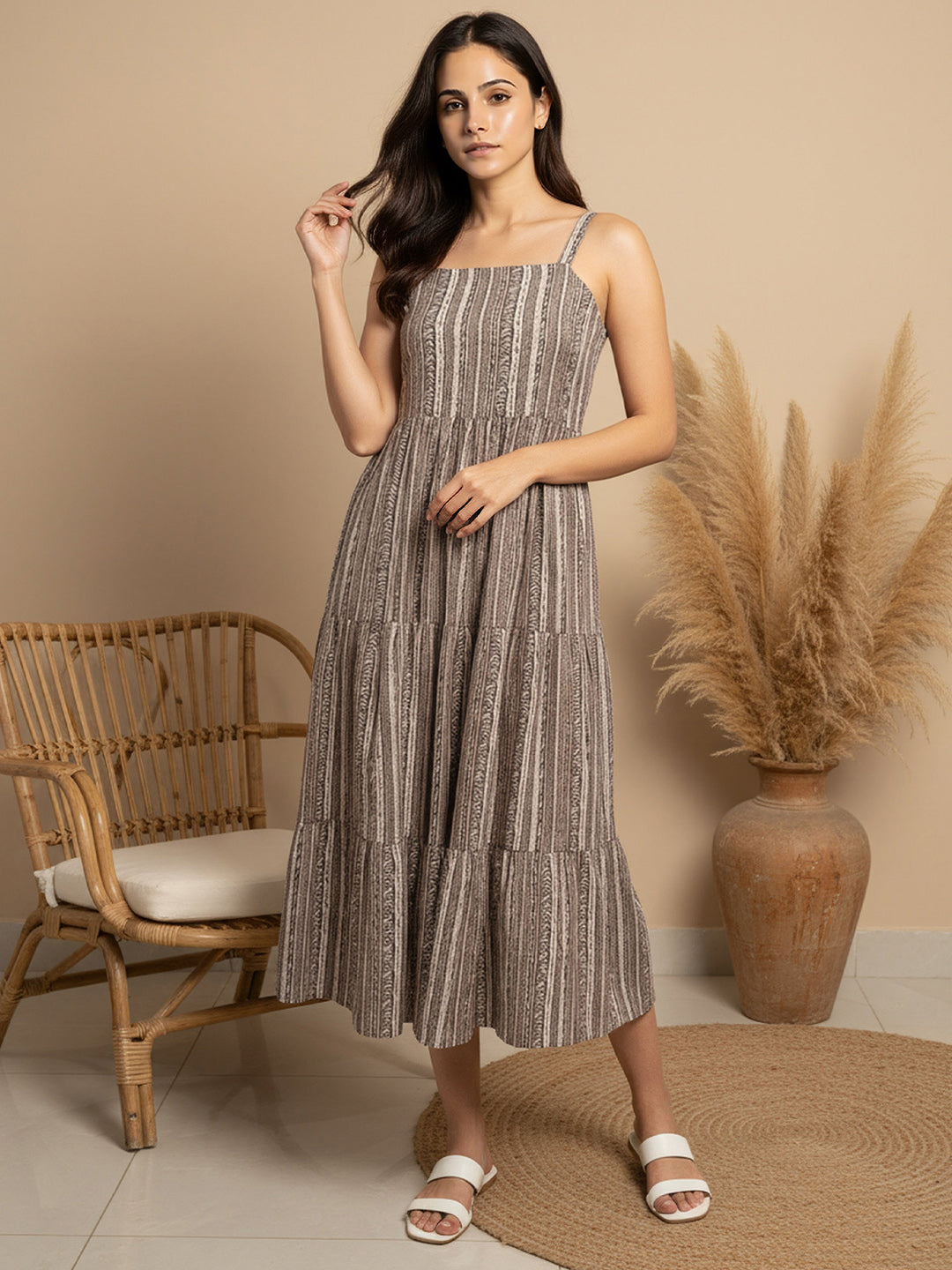 Cotton Brown Printed Fit And Flare Midi Dress with Embroidered Jacket