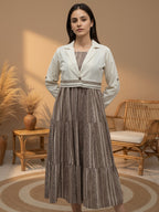 Cotton Brown Printed Fit And Flare Midi Dress with Embroidered Jacket