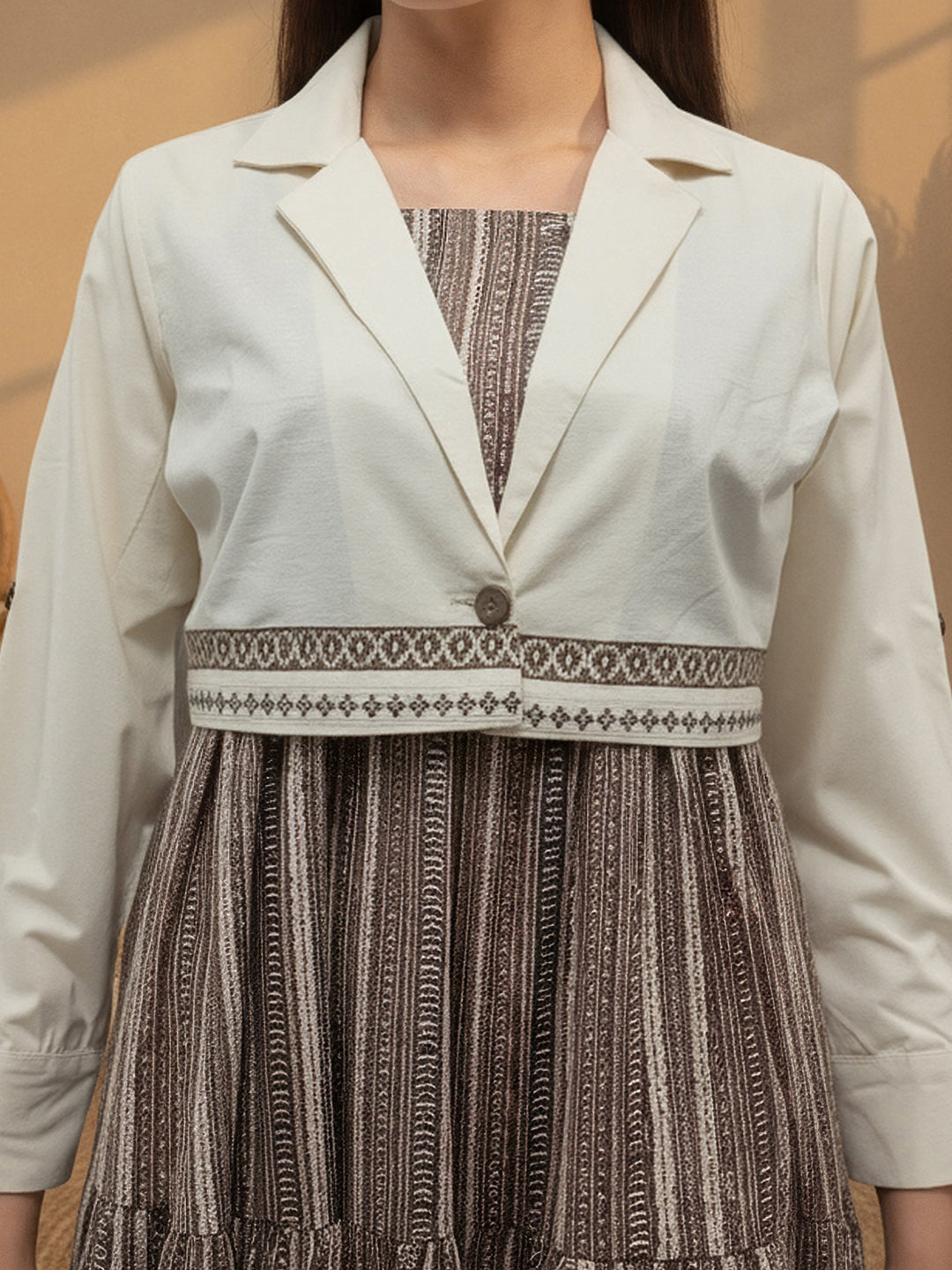 Cotton Brown Printed Fit And Flare Midi Dress with Embroidered Jacket