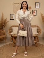 Cotton Brown Printed Fit And Flare Midi Dress with Embroidered Jacket