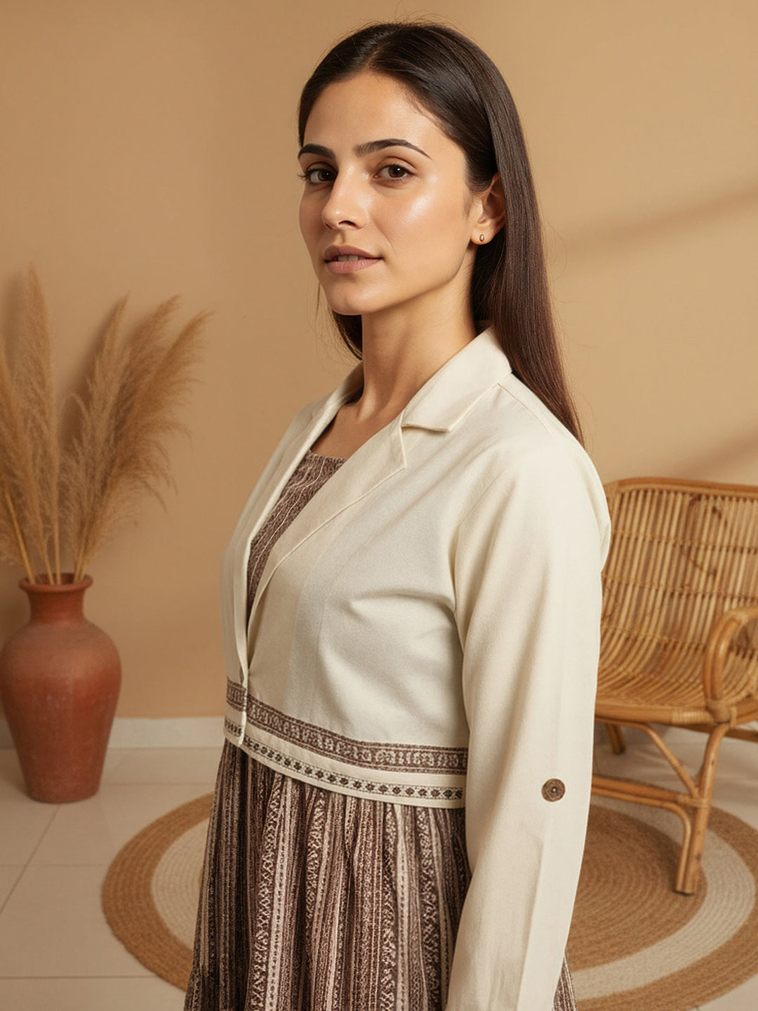 Cotton Brown Printed Fit And Flare Midi Dress with Embroidered Jacket