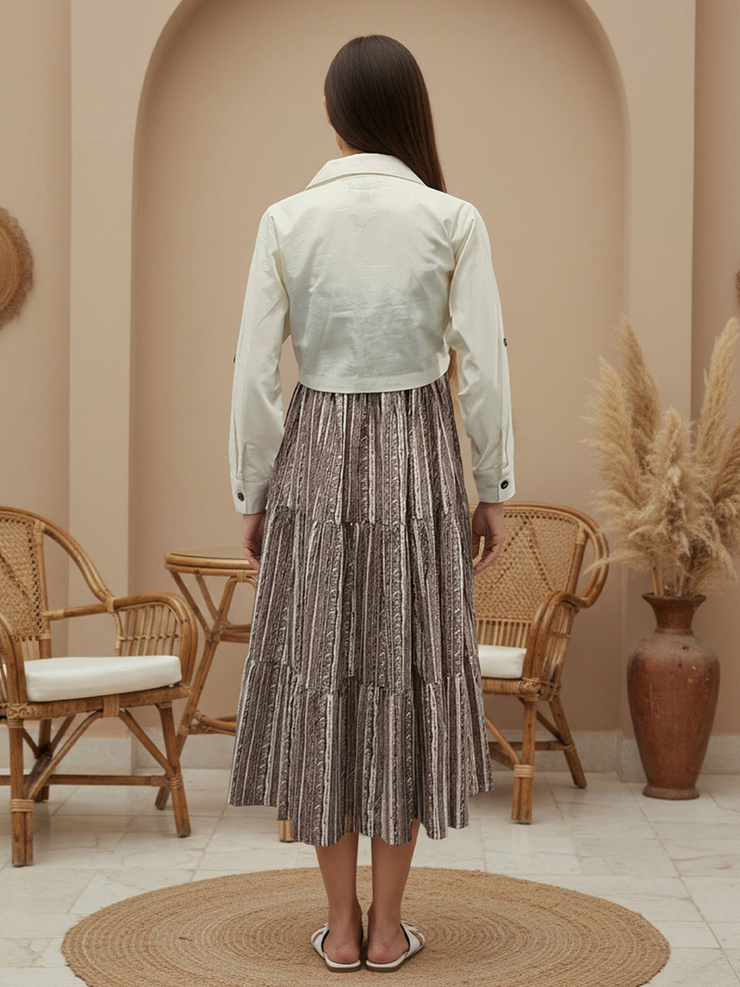 Cotton Brown Printed Fit And Flare Midi Dress with Embroidered Jacket