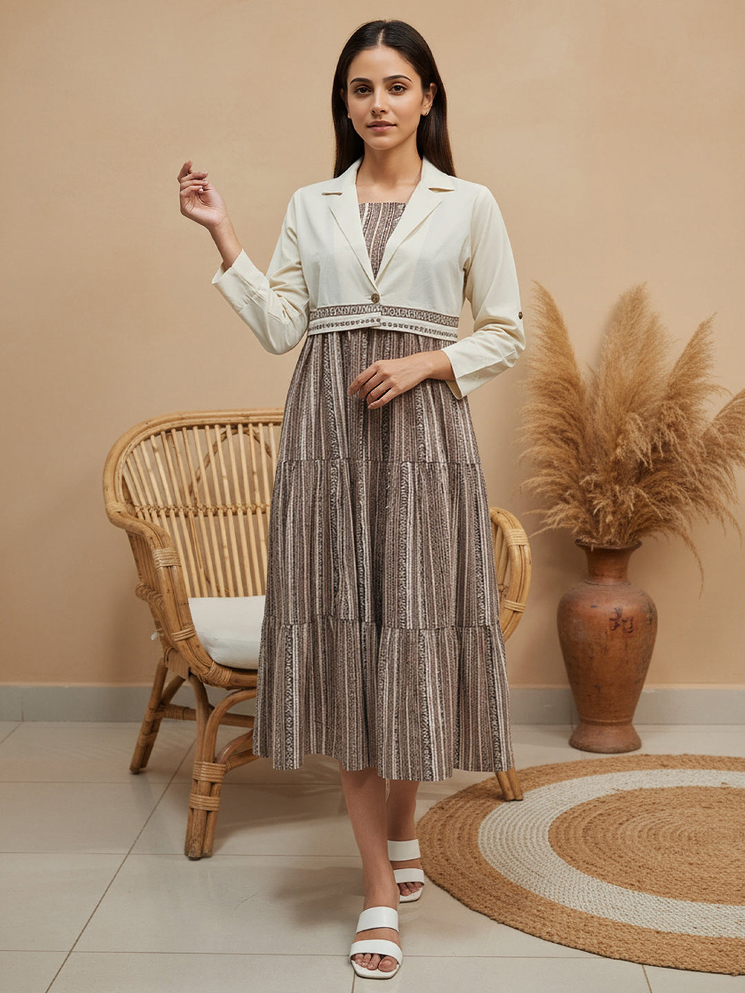 Cotton Brown Printed Fit And Flare Midi Dress with Embroidered Jacket