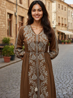 Cotton Brown Embroidered Fit and Flare Dress