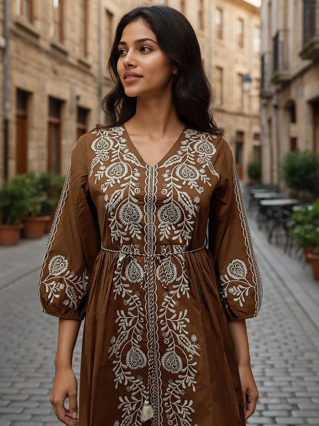 Cotton Brown Embroidered Fit and Flare Dress