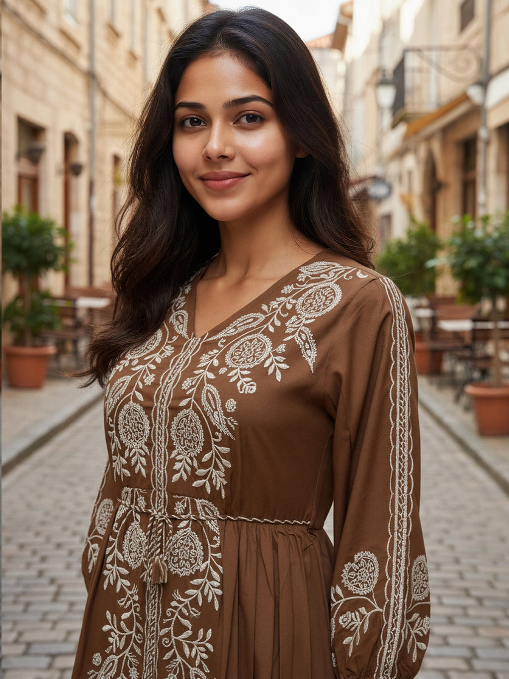 Cotton Brown Embroidered Fit and Flare Dress