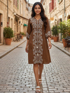 Cotton Brown Embroidered Fit and Flare Dress