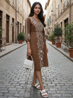 Cotton Brown Embroidered Fit and Flare Dress