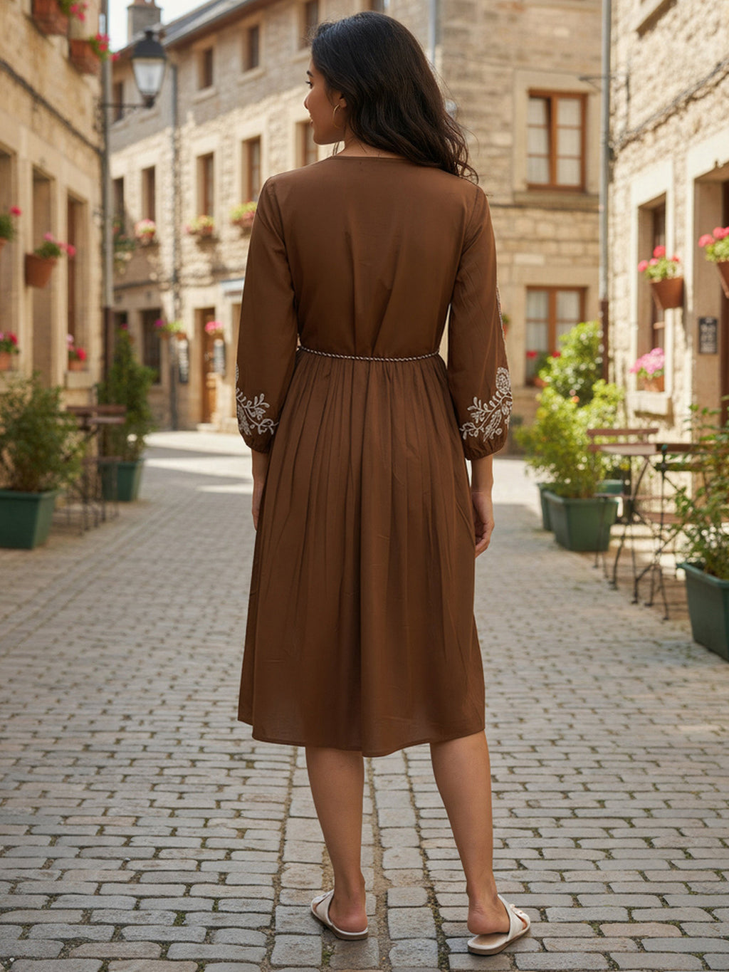 Cotton Brown Embroidered Fit and Flare Dress