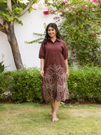 Zummer Women Brown Embroidered Cotton Midi Shirt Dress