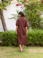 Zummer Women Brown Embroidered Cotton Midi Shirt Dress